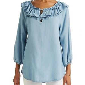 Ralph Lauren Light Blue Ruffle Neck Top
